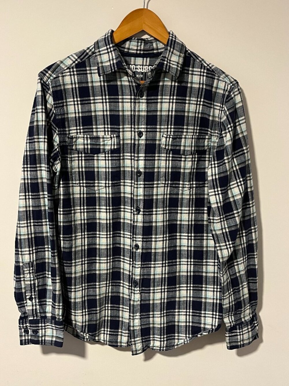 Boys Blue Plaid Button Down Dress Shirt Medium